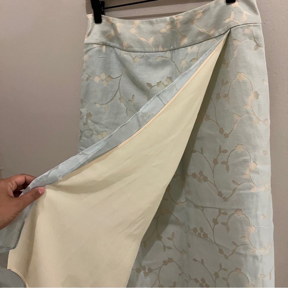 J.Jill Burnout Linen Blend Floral Overlay Midi Faux Wrap Skirt Blue Cream Size 8 - Picture 4 of 16